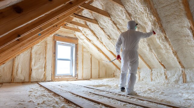 Professional installer in protective gear applies spray foam insulation in attic for energy efficiency and comfort