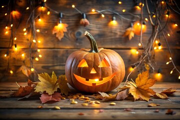 Fototapeta premium A festive halloween pumpkin with a happy face, surrounded by autumn leaves and warm glowing lights on a rustic wooden table, creating a cozy and inviting atmosphere