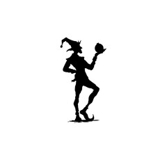 Fototapeta premium Minimalist Jester Silhouette Clip Art – Dancing Elf-like Character with Pointed Hat – Black Ink Drawing