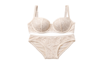 Champagne lace bra and panty set with intricate floral patterns and delicate scalloped edges, isolated on a transparent background