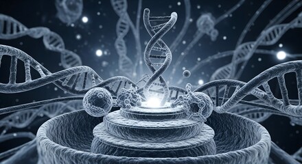 Dynamic DNA strand surrounded by microscopic cellular structures, symbolizing advanced genetic research and biotechnology