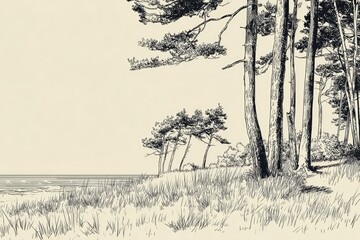 Detailed hand-drawn illustration of a coastal pine forest.