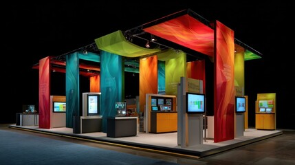 Eye-catching trade show stand with vibrant banners and demo stations