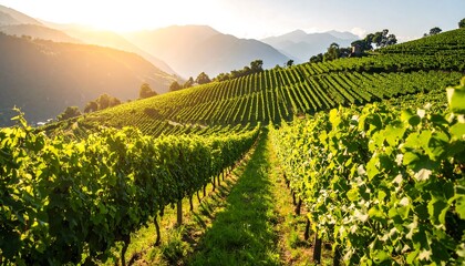 Scenic vineyard landscape with rows of vines and mountains in the background