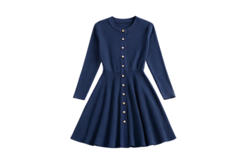 Navy blue ribbed knit dress with gold buttons, long sleeves, fit-and-flare silhouette, isolated on a transparent background