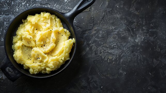 Mashed potatoes in a black bowl on a dark background.