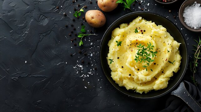 Mashed potatoes in a black bowl on a dark background.
