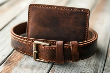 Leather belt and leather wallet on a wooden background.