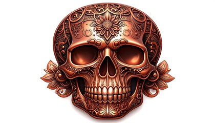 Ornate copper skull with intricate floral patterns and a symbolic floral crown