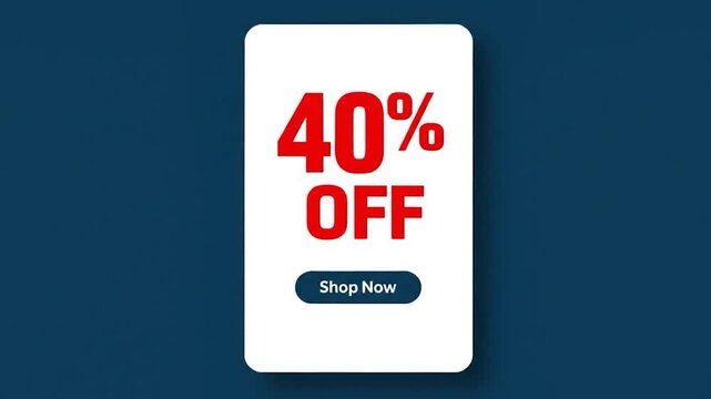 White card with bold red "40% OFF" and "Shop Now" on a blue backdrop