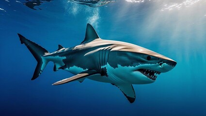 Fototapeta premium A majestic great white shark swims gracefully in deep, clear cobalt blue ocean waters.