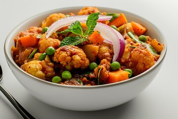 Vegetable curry with cauliflower, green peas and red onion
