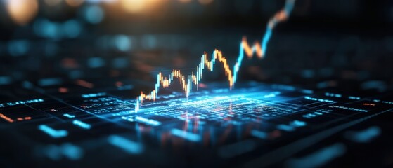 Dynamic financial chart with glowing data points and upward trending line graph on digital screen