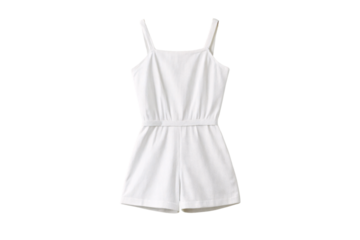White ribbed cotton camisole romper with adjustable straps and elastic waistband design, isolated on a transparent background