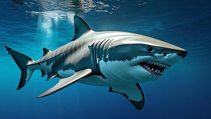 Fototapeta premium A majestic great white shark swims gracefully in deep, clear cobalt blue ocean waters.