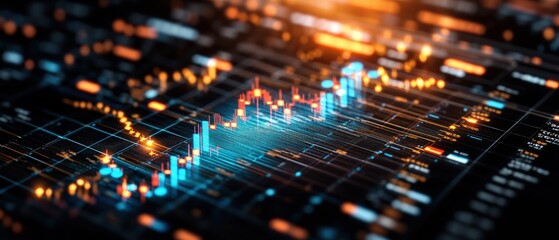 Detailed digital stock market chart displaying financial data analysis with vibrant graphs and numeric indicators