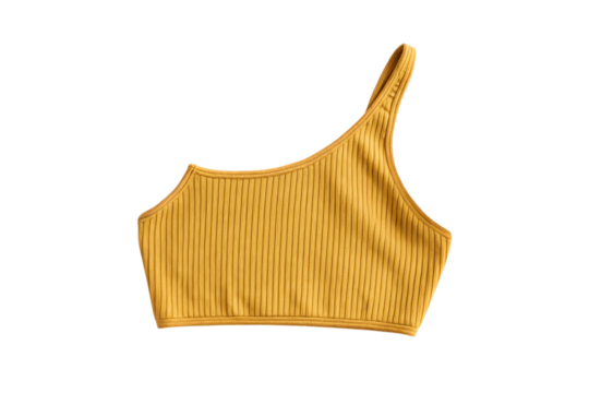 Mustard yellow ribbed one-shoulder crop top with asymmetrical neckline and fitted silhouette, isolated on a transparent background