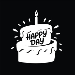 A white stylized two-tiered cake with a lit candle on top, featuring the words 