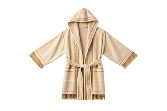 Beige textured hooded bathrobe with woven pattern, decorative trim, belt tie and fringe bottom edge, isolated on a transparent background