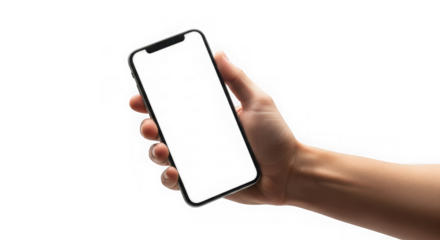 Ai generated image of hand holding a smartphone with blank screen isolated on transparent background