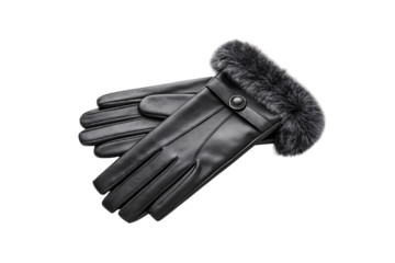 Black leather gloves with plush gray fur trim cuffs and snap button closure for winter wear, isolated on a transparent background