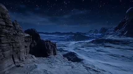 Obraz premium Night Sky over Alien Planet Landscape with Starry Sky and Rocky Mountains