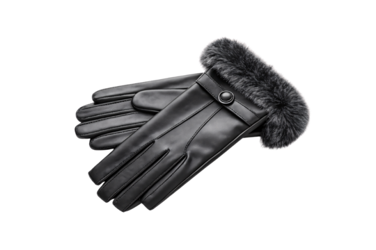 Black leather gloves with plush gray fur trim cuffs and snap button closure for winter wear, isolated on a transparent background