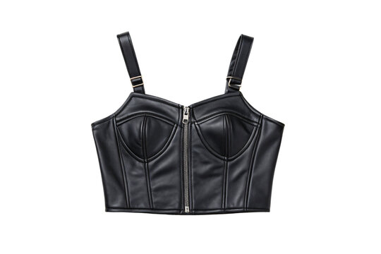 Black leather corset bustier with structured cups, front zip closure and adjustable straps for fitted wear, isolated on a transparent background