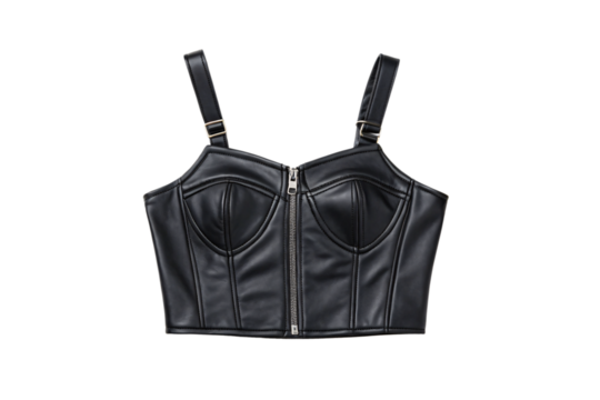 Black leather corset bustier with structured cups, front zip closure and adjustable straps for fitted wear, isolated on a transparent background