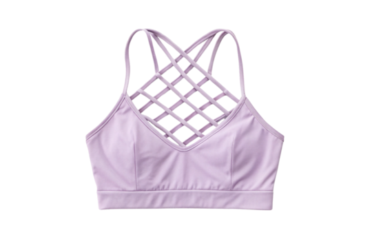 Purple sports bra with intricate lattice strappy back design for athletic wear, isolated on a transparent background