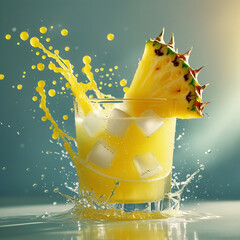 Glass of splashing pineapple juice with fruit and slices isolated