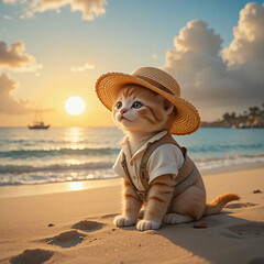 Cute Kitten Wearing Hat Enjoying Beach at Sunset