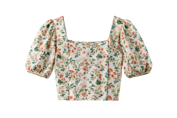 Cream floral square neck crop top with balloon sleeves and fitted waist design, isolated on a transparent background