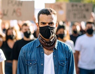 A powerful portrait of a young activist staring directly into the camera with a defiant, angry glare during a protest.