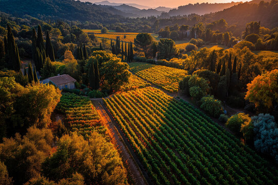 Vineyards in the French countryside at sunset