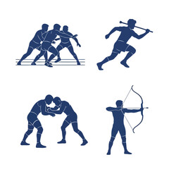Obraz premium Vector art of silhouettes of athletes engaged in various sports like wrestling, running, and archery, showcasing diverse athletic activities and movements
