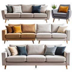 collection Set of living room couches armchairs cut outs double seat sofa isolated on white and transparent background