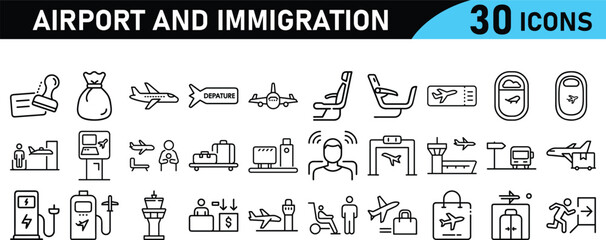 airport and immigration line icons collection. Immigration line icons set in flat minimalistic style.  Airport Editable Stroke Icons