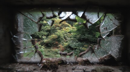 Obraz premium Broken Window View Into Lush Greenery in Abandoned Location