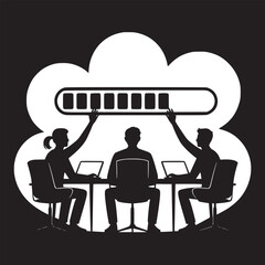 Silhouette of people at a table with laptops and a cloud with a loading bar above them in black and white