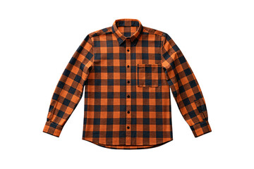 Orange and black buffalo plaid flannel shirt with chest pockets and snap buttons, isolated on a transparent background