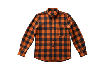 Orange and black buffalo plaid flannel shirt with chest pockets and snap buttons, isolated on a transparent background
