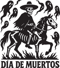 Skeleton horseman riding a skeleton horse, celebrating Dia de los Muertos