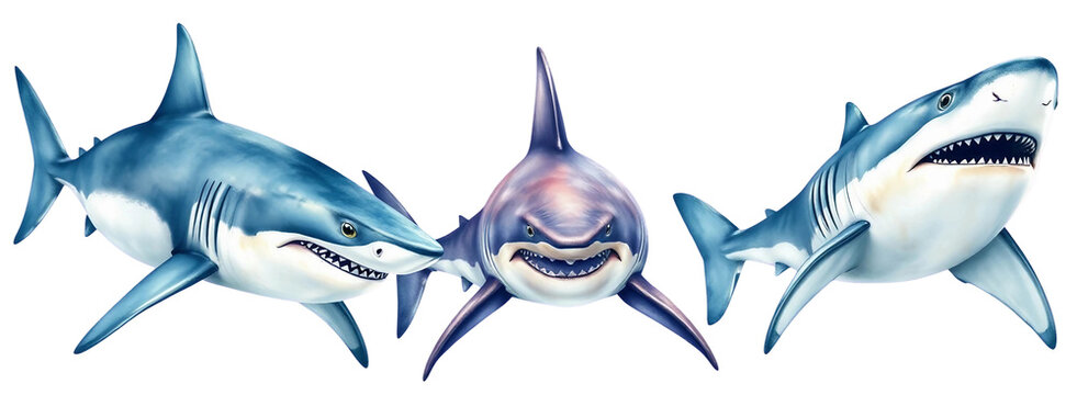 Drei witzige Hai-Charaktere im Aquarellstil, freigestellt auf transparentem Hintergrund. Ideal f&uuml;r Kinderdesigns, Ozean-Themen oder maritimen Bastelspa&szlig;.