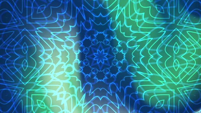 Navy Soft Peachs Kaleidoscopic fractal animation of intricate geometric patterns in vibrant blue and green hues seamlessly looping