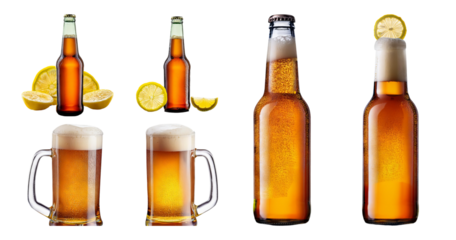 Refreshing Beer Bottles and Glasses with Lemon Slices and Foam, Bundle Set Collection, Isolated on Transparent Background