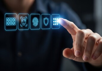 Person touching glowing blue digital security icons on dark background hand finger