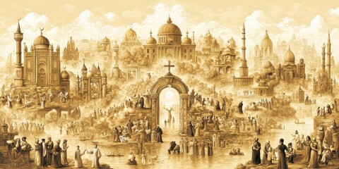 Fototapeta premium Cultural celebration in a historic city art illustration warm tones vibrant environment aerial view heritage exploration