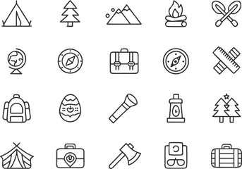 Collection of 35 minimal black outline icons for camping and travel vector