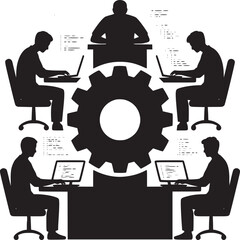 Silhouettes of people working on laptops around a gear on a white background in a vector design